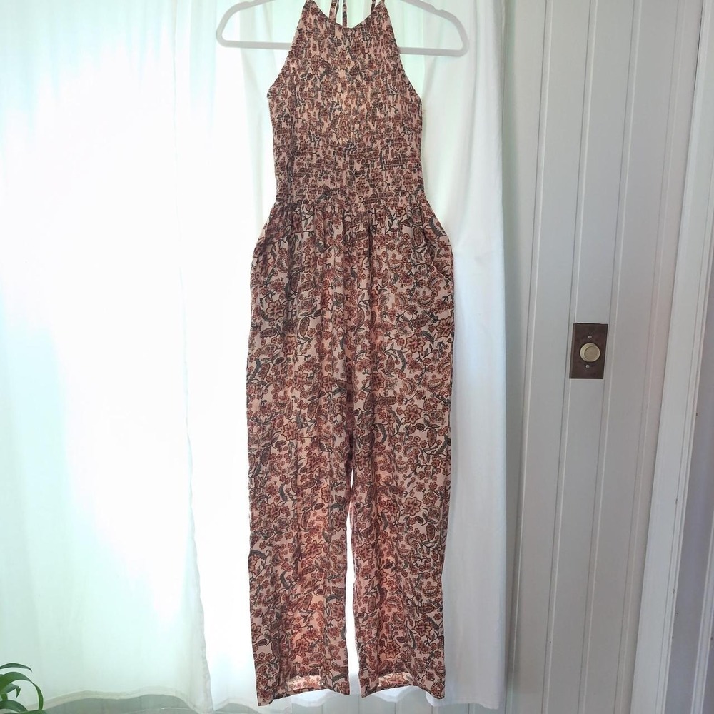 Womens Patrons of Peace Orange Floral Halter Jumpsuit XS Excellent Smocked Boho